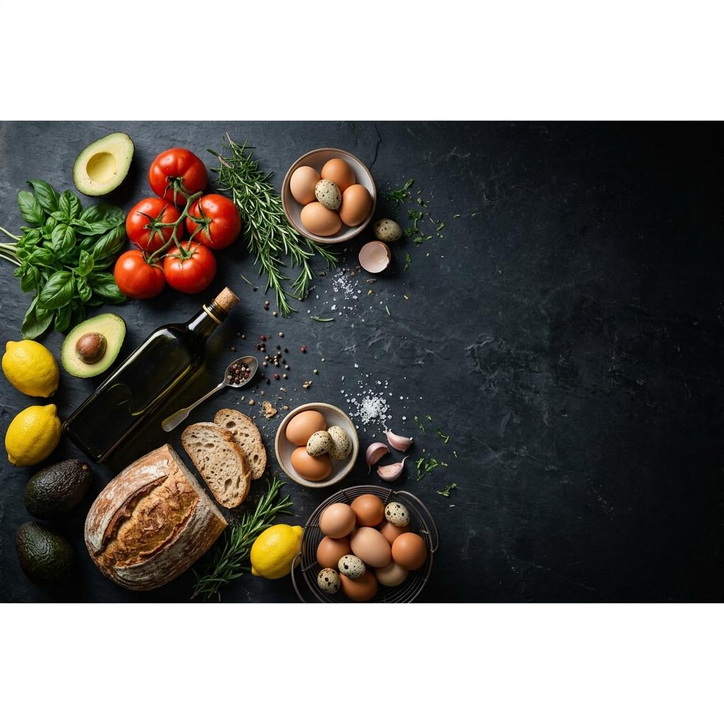 Fresh premium groceries — tomatoes, herbs, bread, avocados, olive oil on dark slate